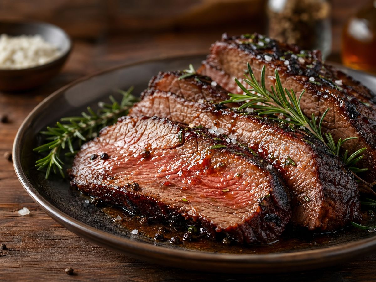Sliced prime rib roast with a pink center and seared crust